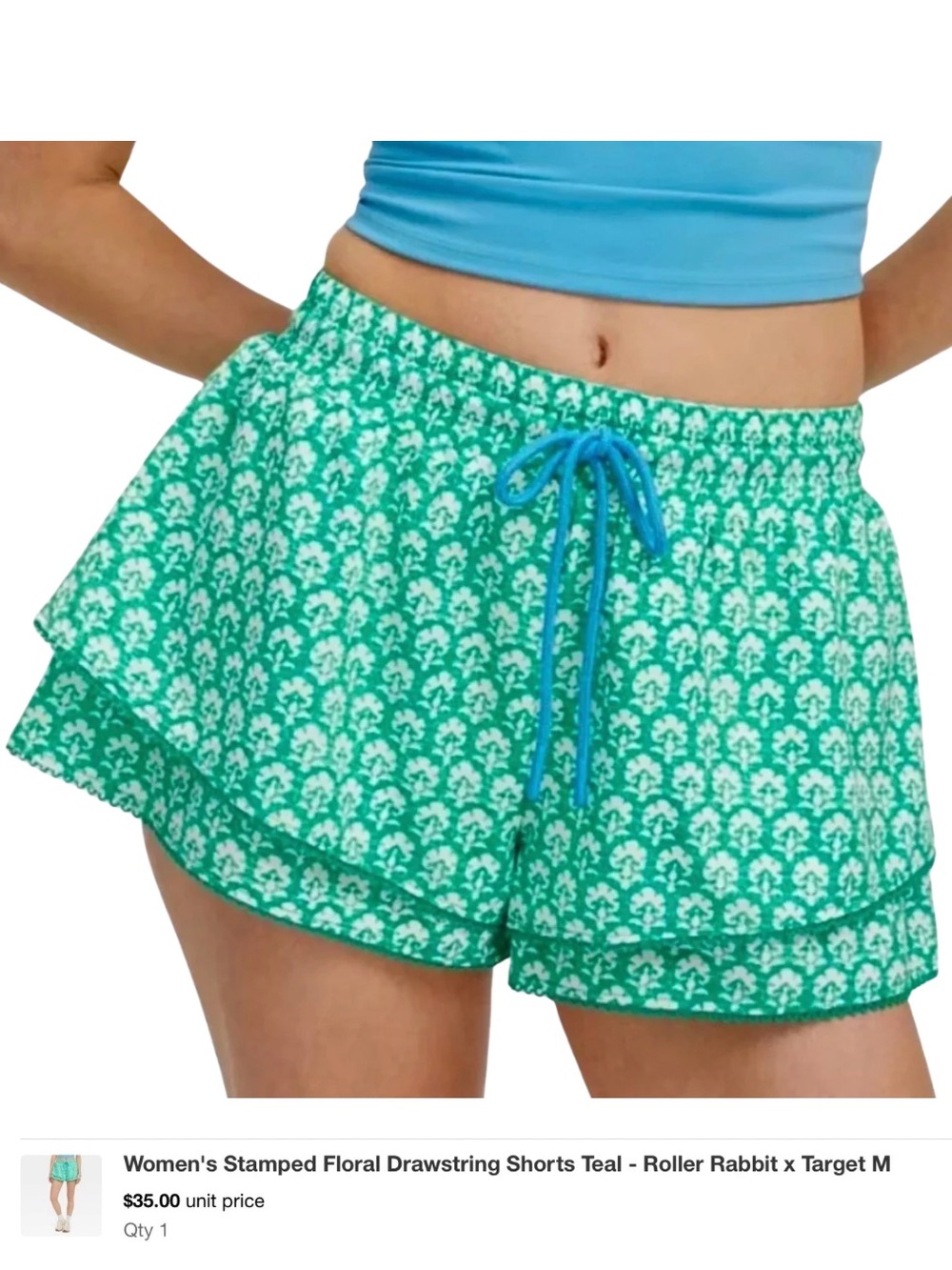 Roller Rabbit x Target Stamped Floral Ruffle Shorts Teal M